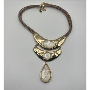 Bella Jack Gold Tone Faux Mother of Pearl Opal Pendants on Cord Boho Art Nouveau